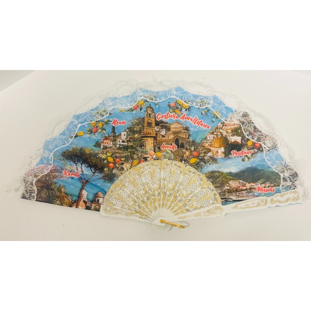 Amalfi Coast Italy Souvenir Folding Hand Fan White Lace Gold Positano Scenic